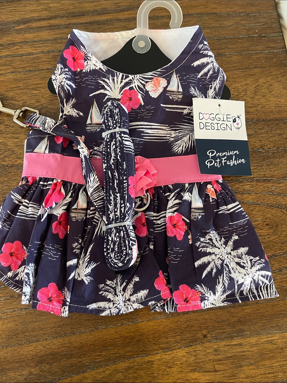 Female Dog) Navy Floral Dress with Pink Waistband